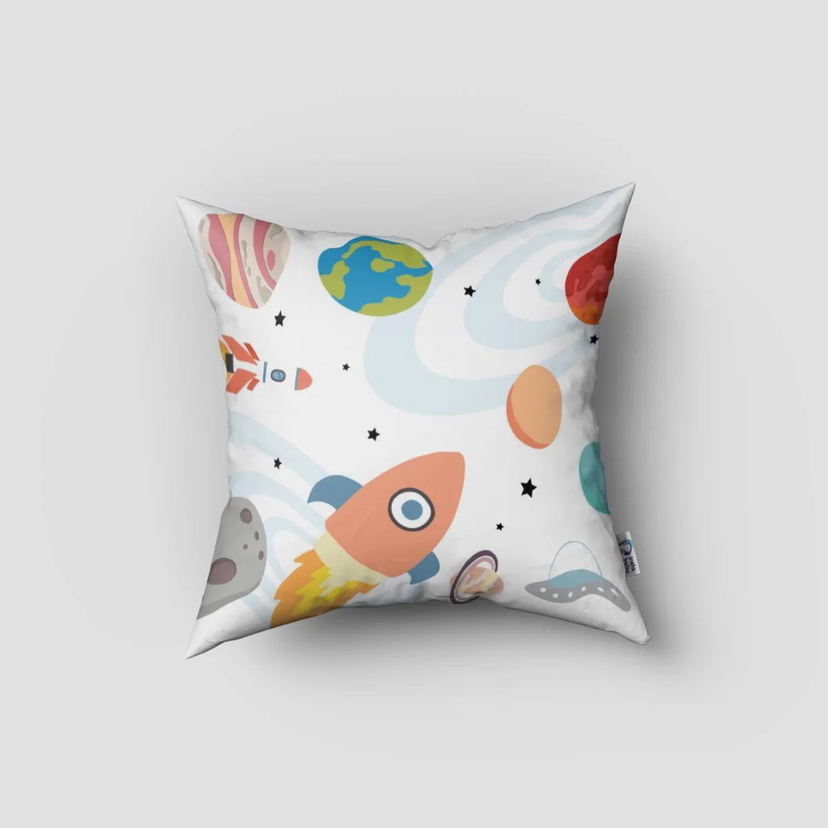 Uzay Kırlent Kılıfı | Beyaz roketler, gezegenler Desenli