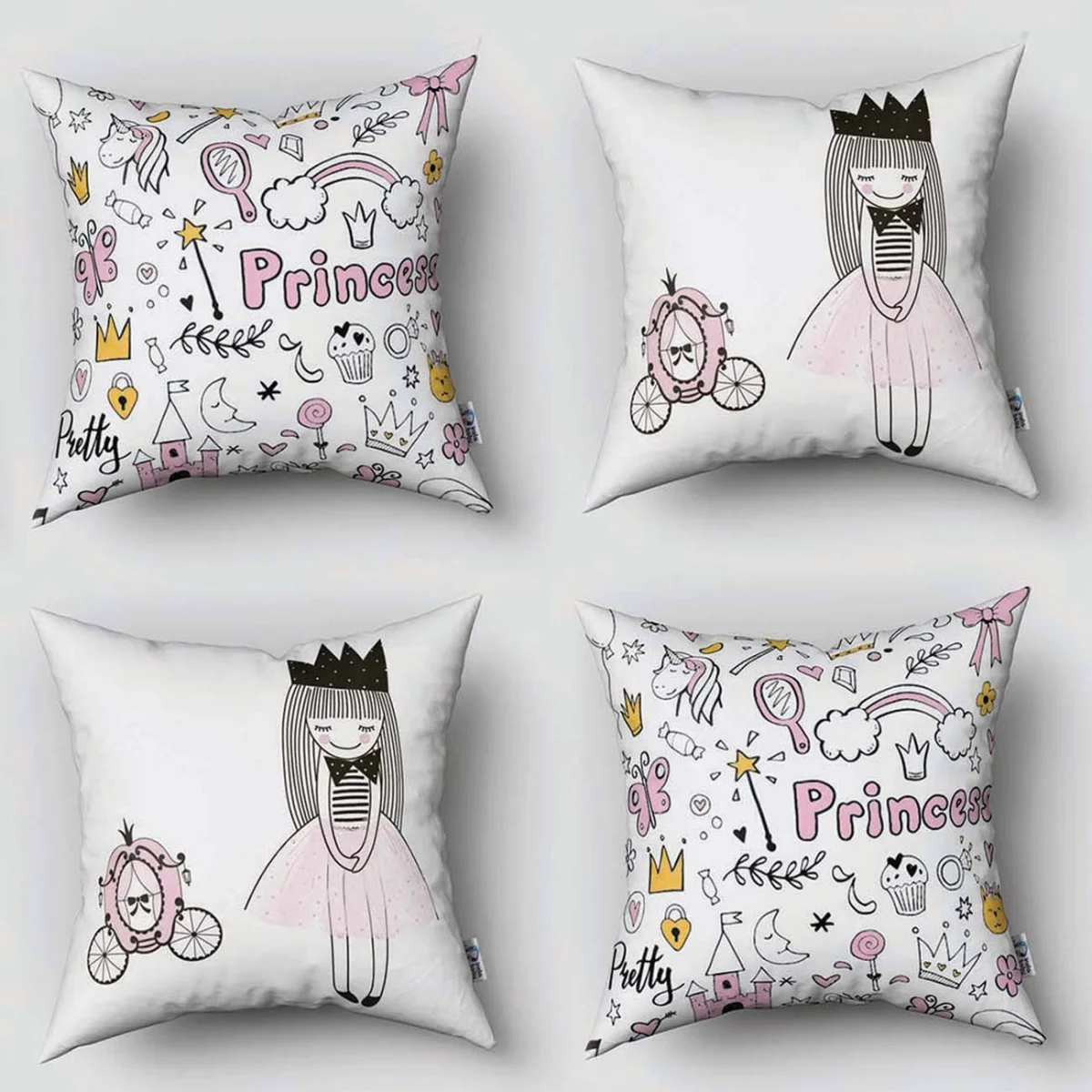 Prenses 4lü Kırlent | Beyaz Kalpler, kale Desenli