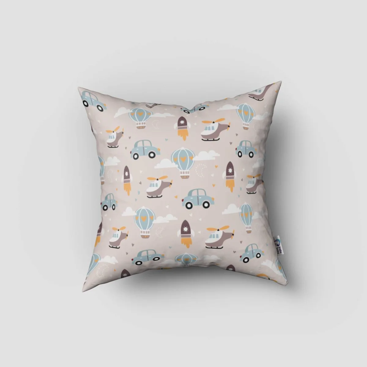 Ulaşım Araçları Kırlent Kılıfı | Bej roket, helikopter Desenli