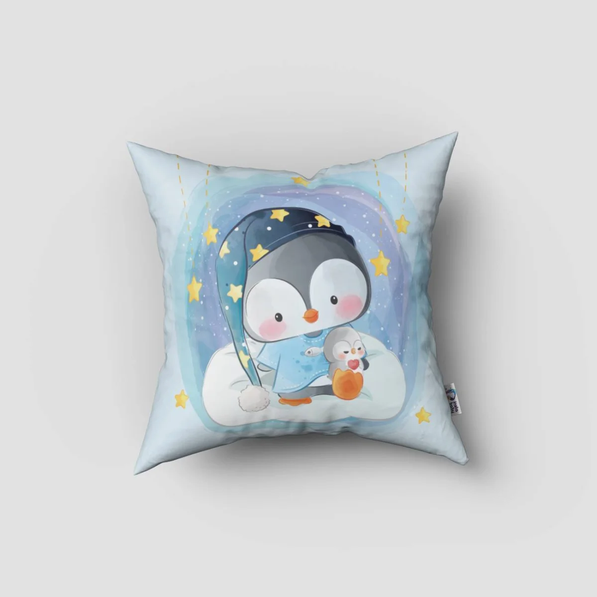 Penguen Kırlent Kılıfı | Mavi yıldızlar, bulutlar Desenli