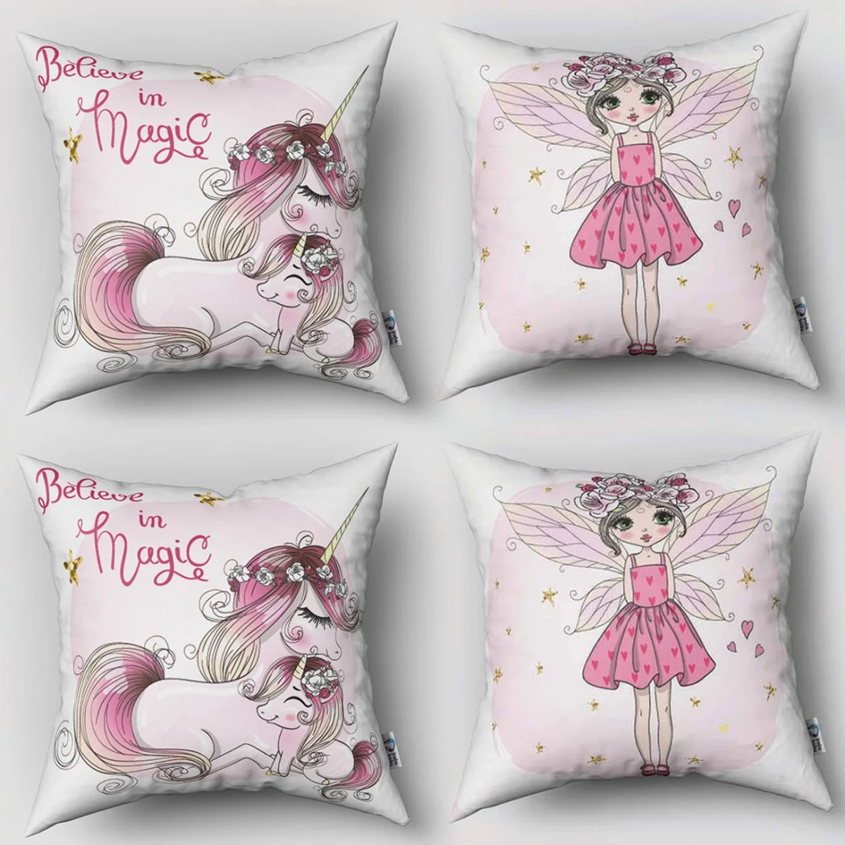 Peri, Unicorn, Sihir 4lü Kırlent | Beyaz yıldız, kalp Desenli