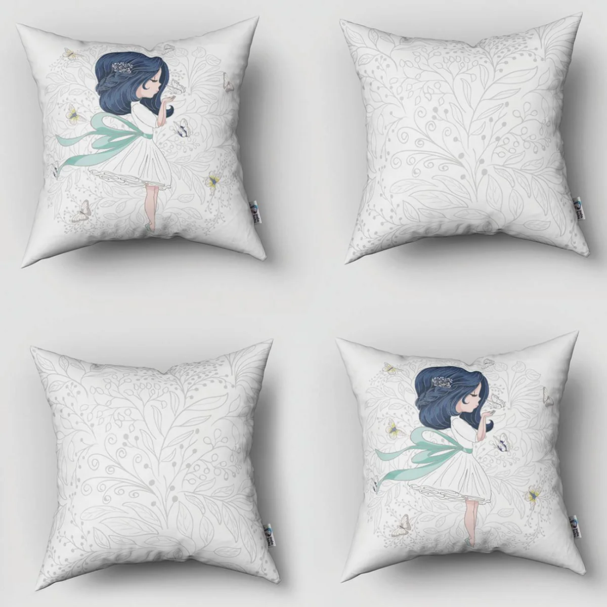 Kız, kelebekler 4lü Kırlent | Beyaz Kelebekler, floral desen Desenli