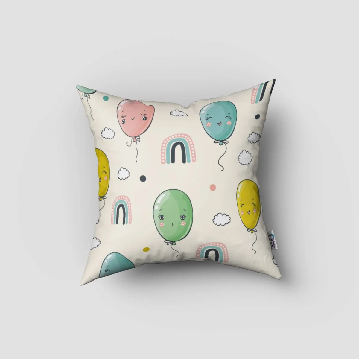 Sevimli Balonlar Kırlent Kılıfı | Ekru gökkuşağı, bulutlar Desenli