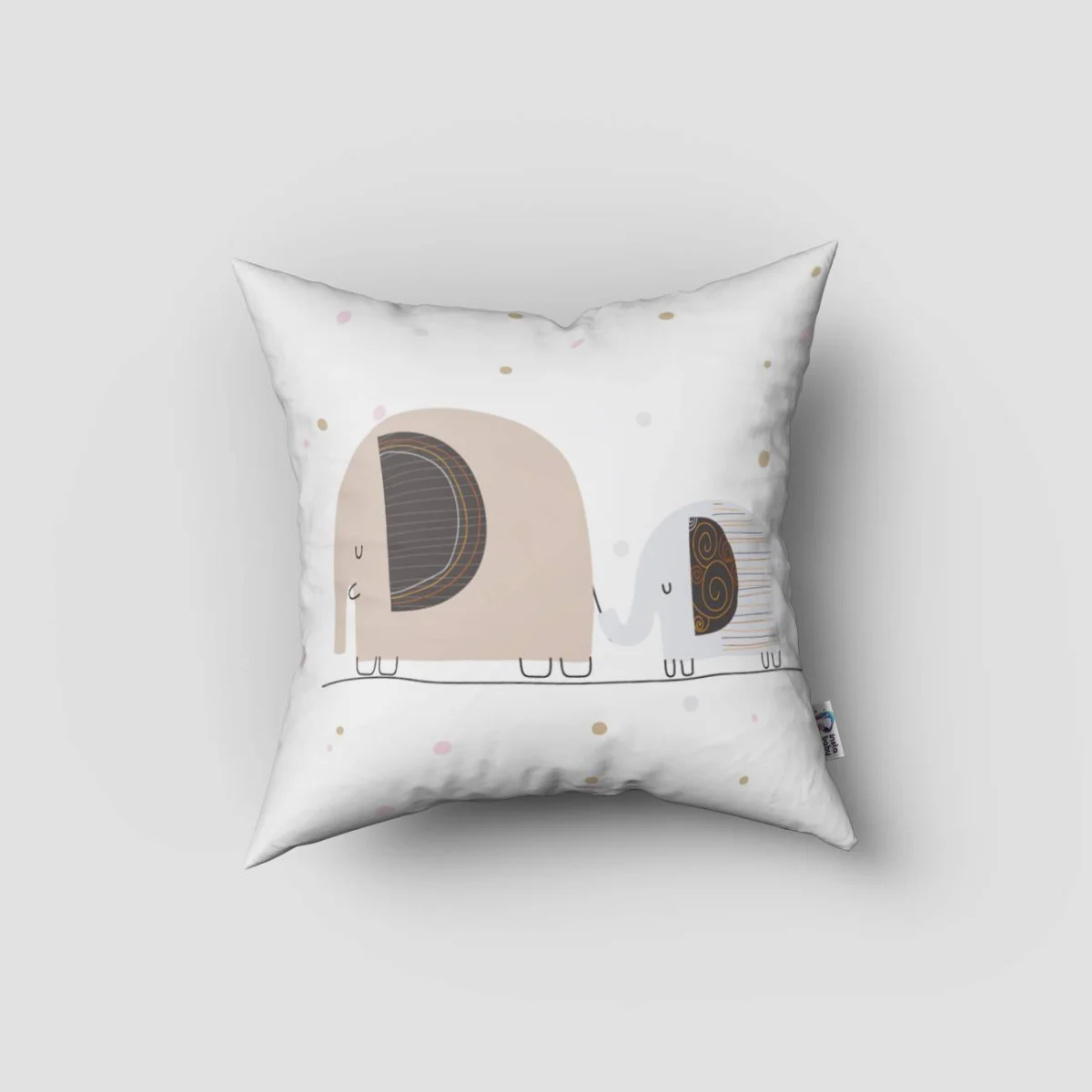 Şehirli Filler Kırlent Kılıfı | Beyaz pembe ve altın rengi puantiyeler, şehir binaları Desenli