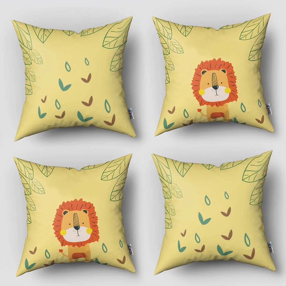 Aslan 4lü Kırlent | Sarı yeşil yapraklar, küçük bitki figürleri Desenli