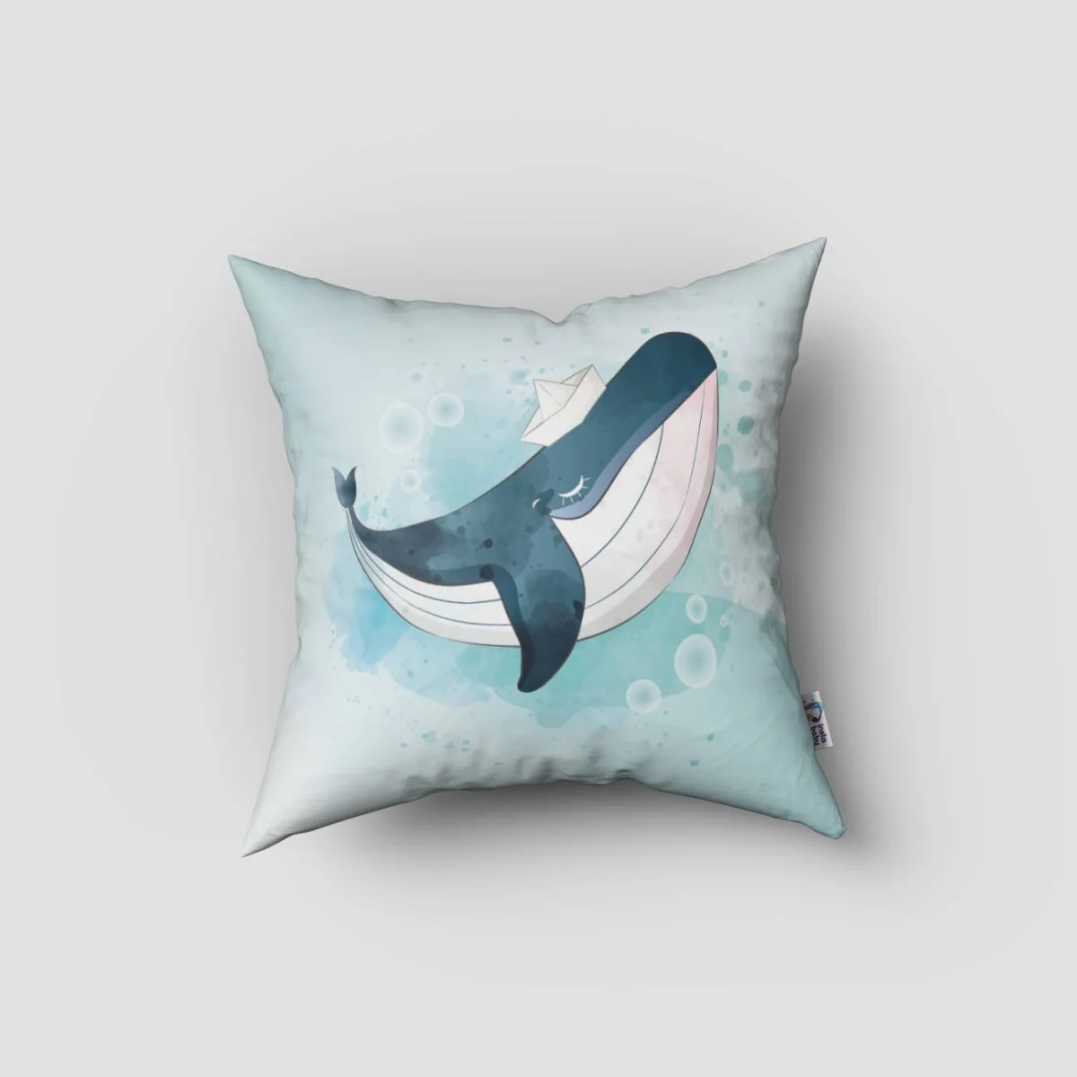 Balina Kırlent Kılıfı | Açık Mavi Baloncuklar, kağıt gemi Desenli