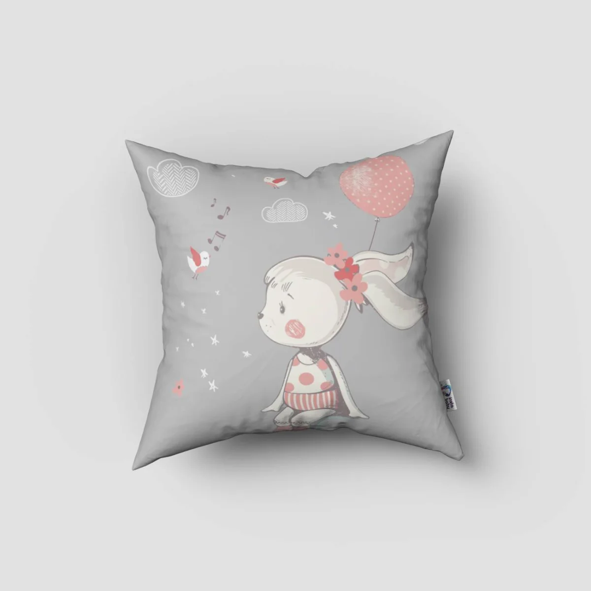 Tavşan ve Kuşlar Kırlent Kılıfı | Gri Bulut, yıldız Desenli