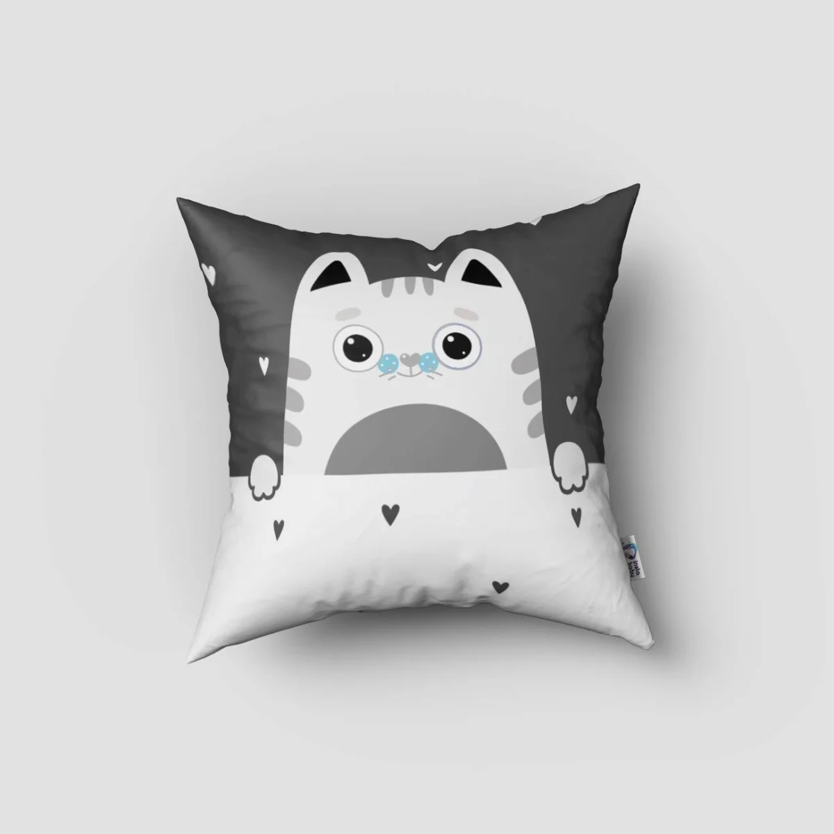 Kedi Kırlent Kılıfı | Beyaz kalp desenleri, kuşlar Desenli