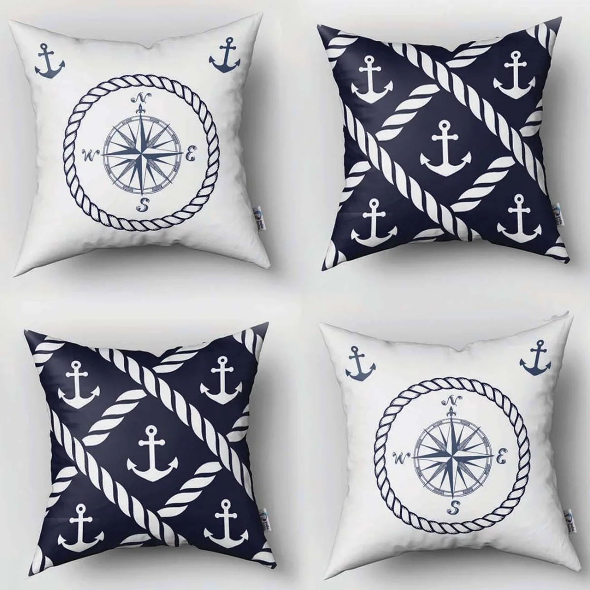 Denizci 4lü Kırlent | Beyaz Çapa, pusula Desenli