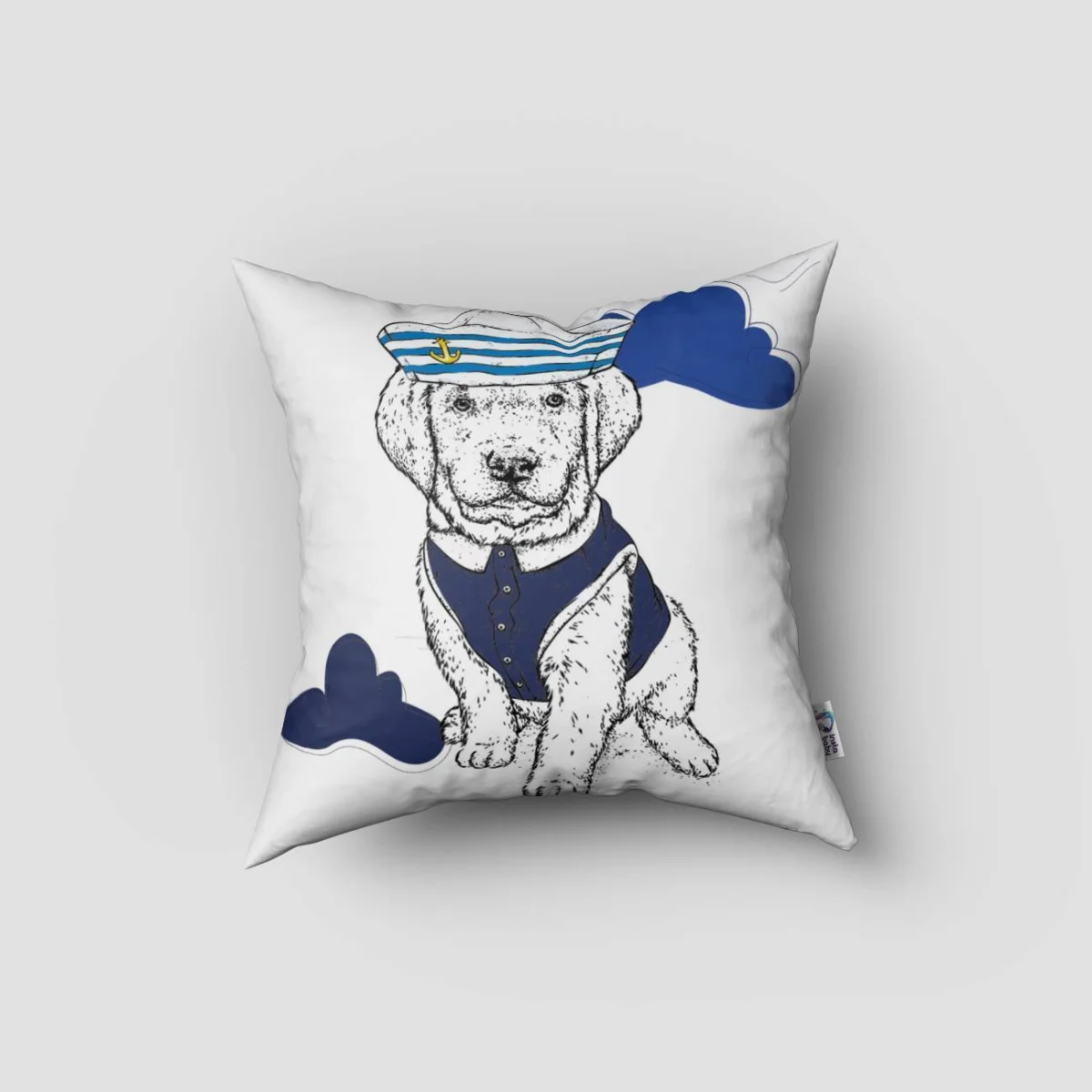 Denizci Yavru Köpek Kırlent Kılıfı | Beyaz mavi bulutlar, çapa Desenli