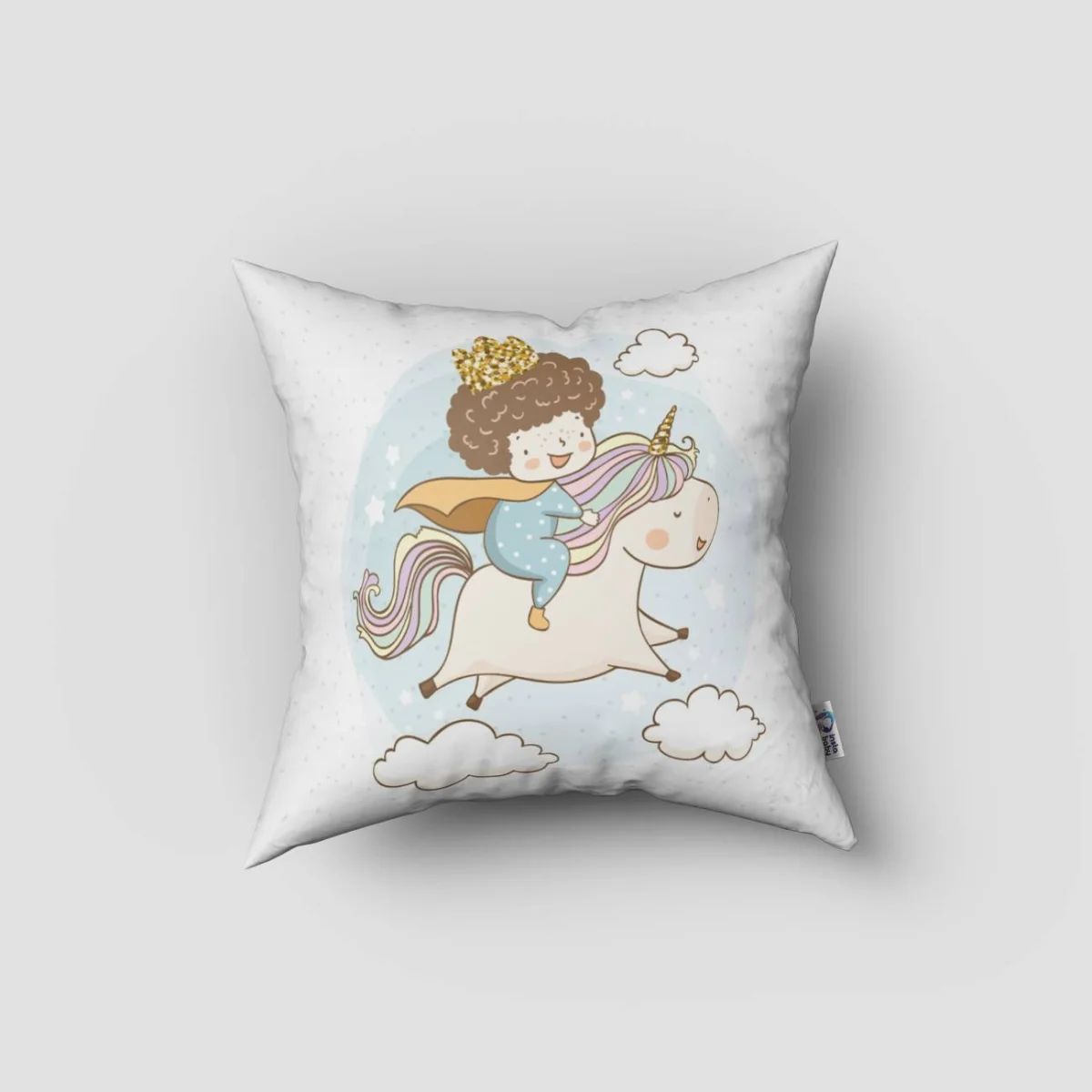 Unicorn Kırlent Kılıfı | Beyaz yıldız, bulut Desenli