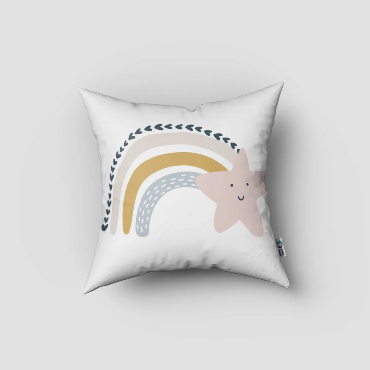 Gökkuşağı ve Yıldızlar Kırlent Kılıfı | Beyaz gökkuşağı, yıldızlar Desenli