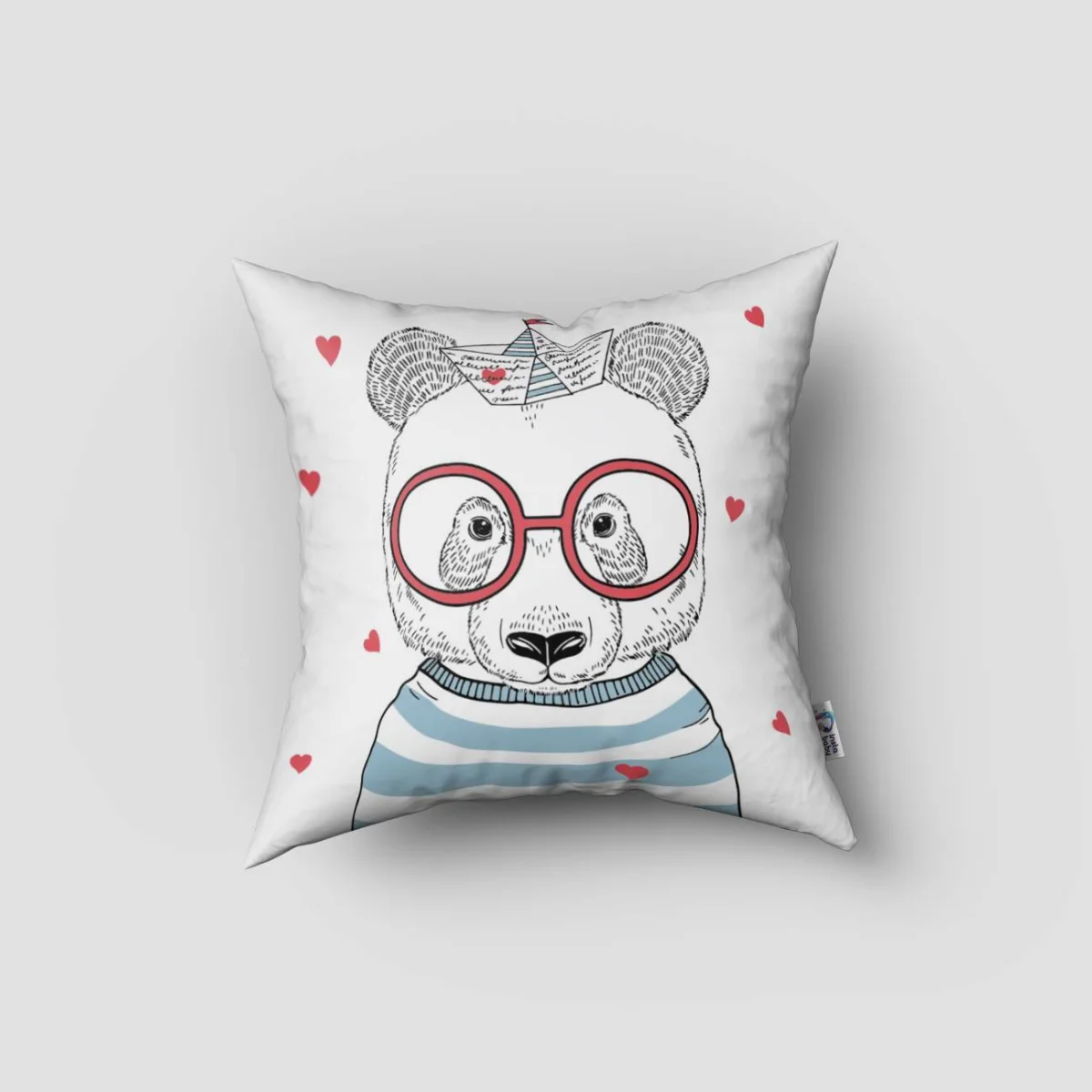 Panda Kırlent Kılıfı | Beyaz kırmızı kalpler, çizgili tişört Desenli