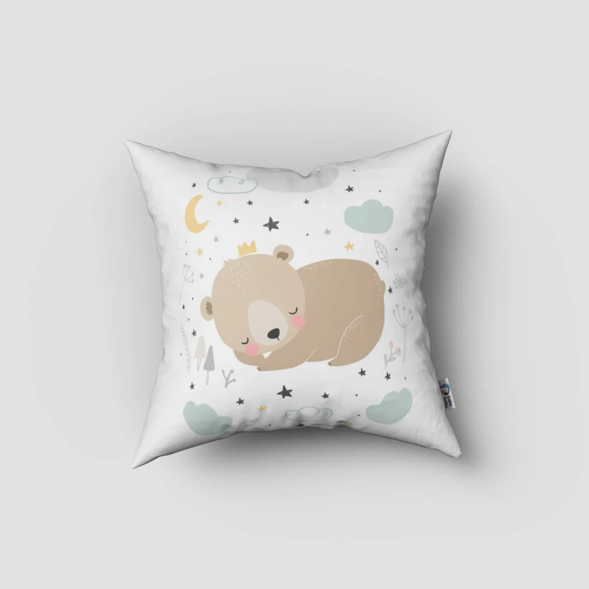 Uyuyan Ayı Kırlent Kılıfı | Beyaz Ay, yıldızlar Desenli