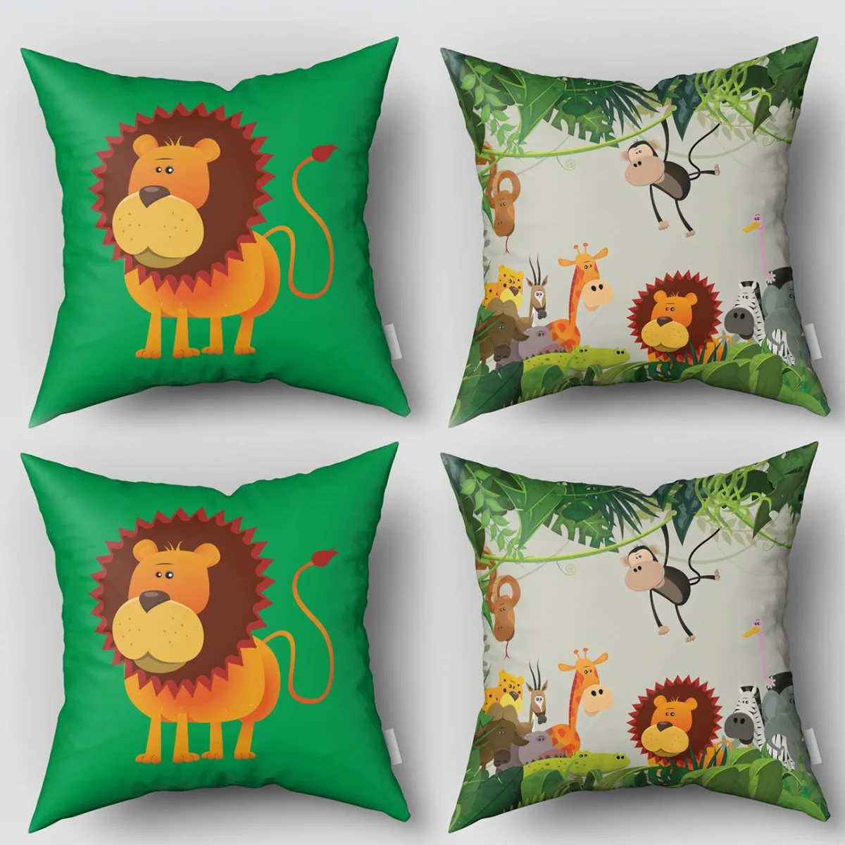 Orman Hayvanları 4lü Kırlent | Açık Gri yeşil yapraklar ve sarmaşıklar Desenli