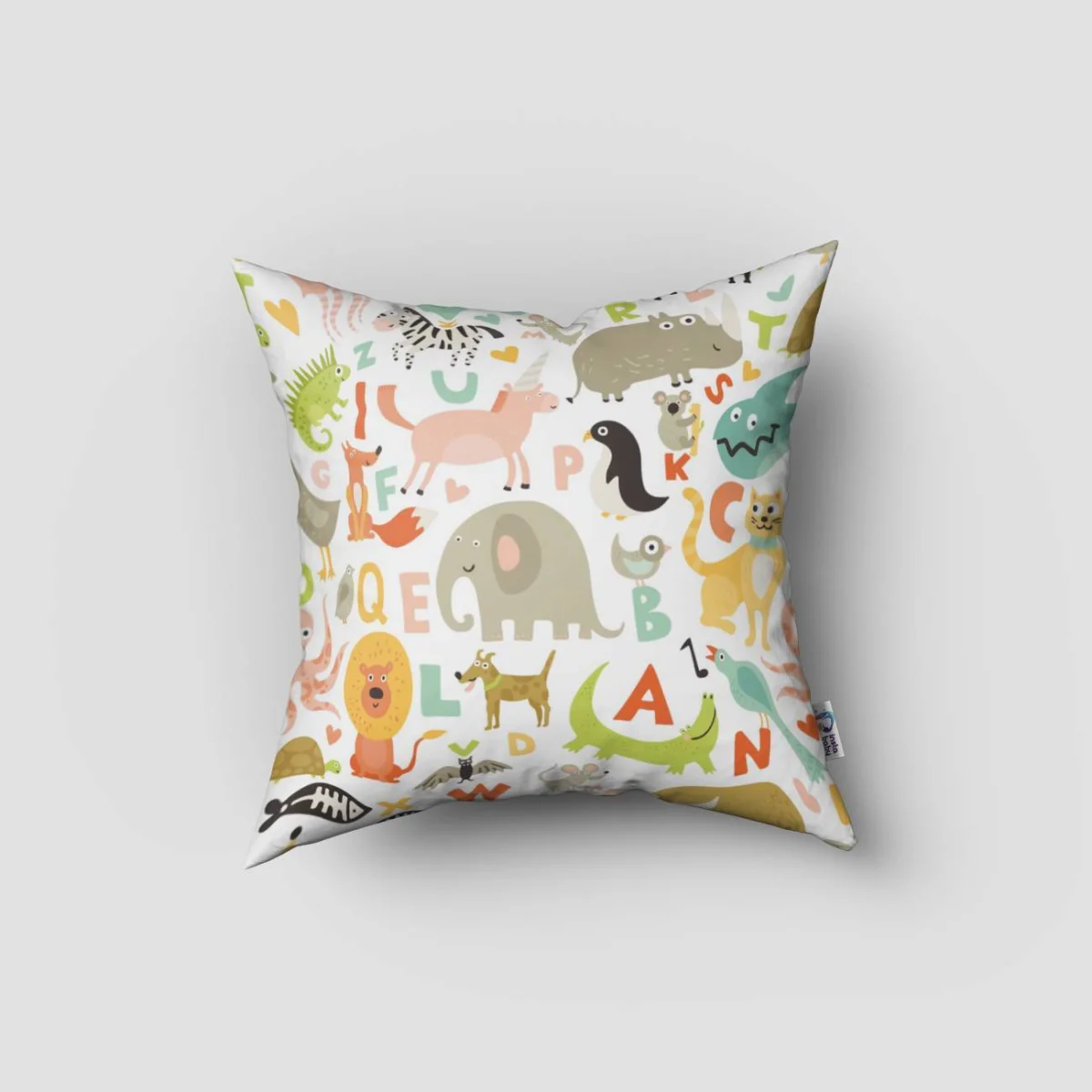Orman Hayvanları Kırlent Kılıfı | Beyaz Renkli hayvanlar, alfabe harfleri Desenli