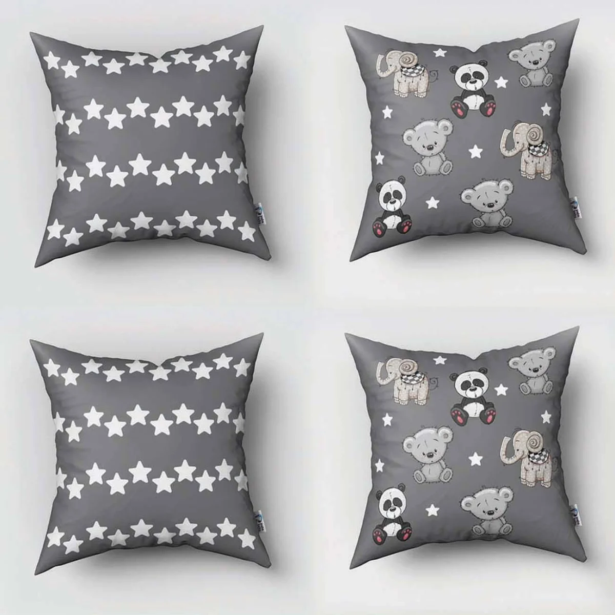 Sevimli Hayvanlar 4lü Kırlent | Gri yıldız, seksek oyunu Desenli