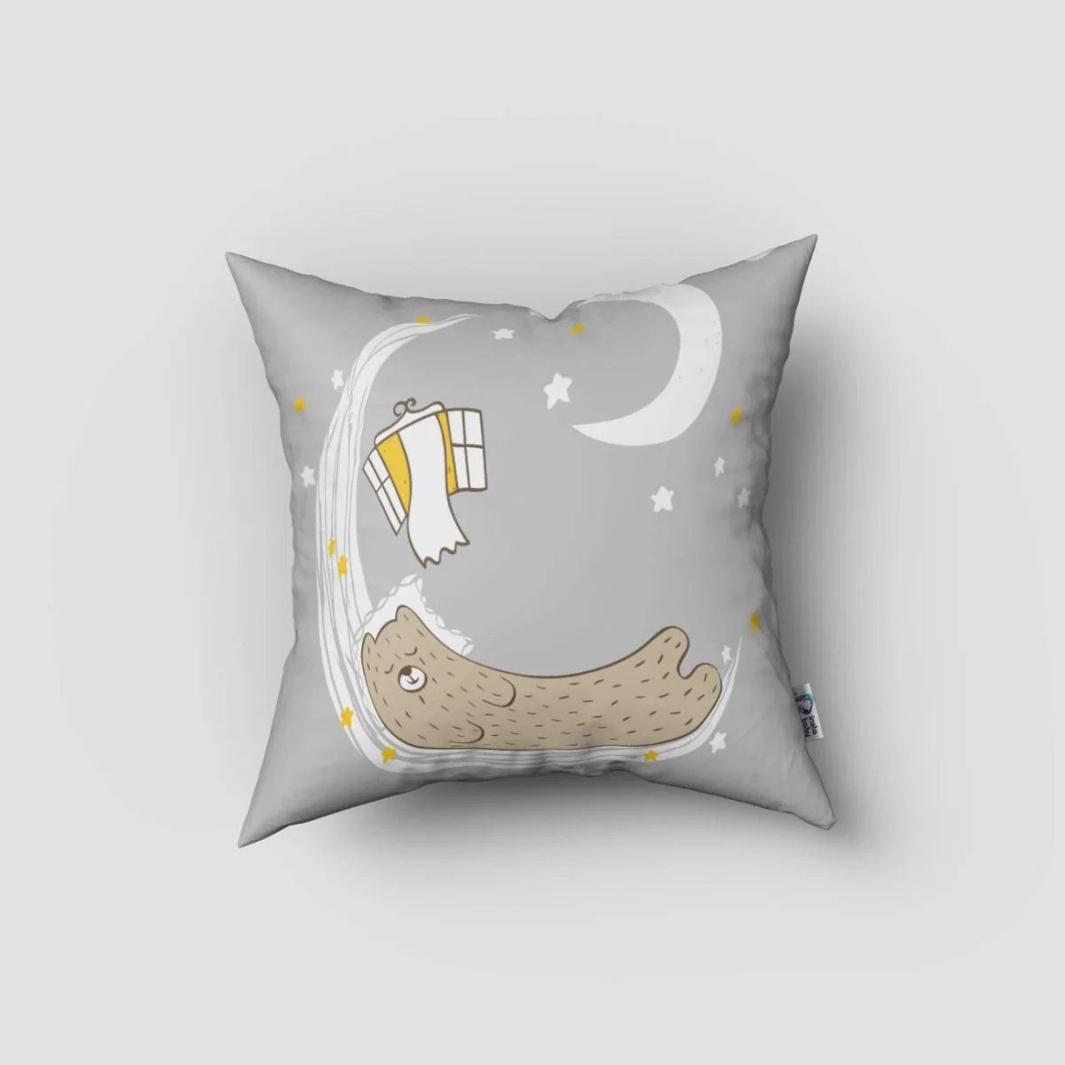 Uyuyan Ayı ve Ay Kırlent Kılıfı | Gri yıldızlar, ay Desenli