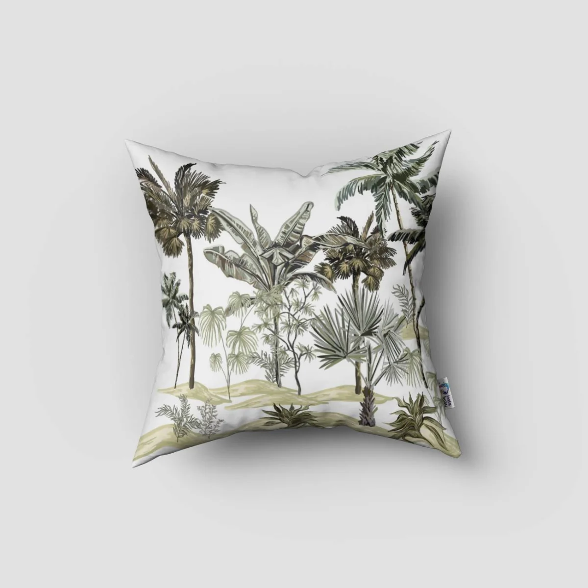 Safari Hayvanları Kırlent Kılıfı | Beyaz palmiye ağaçları, yeşil bitkiler Desenli