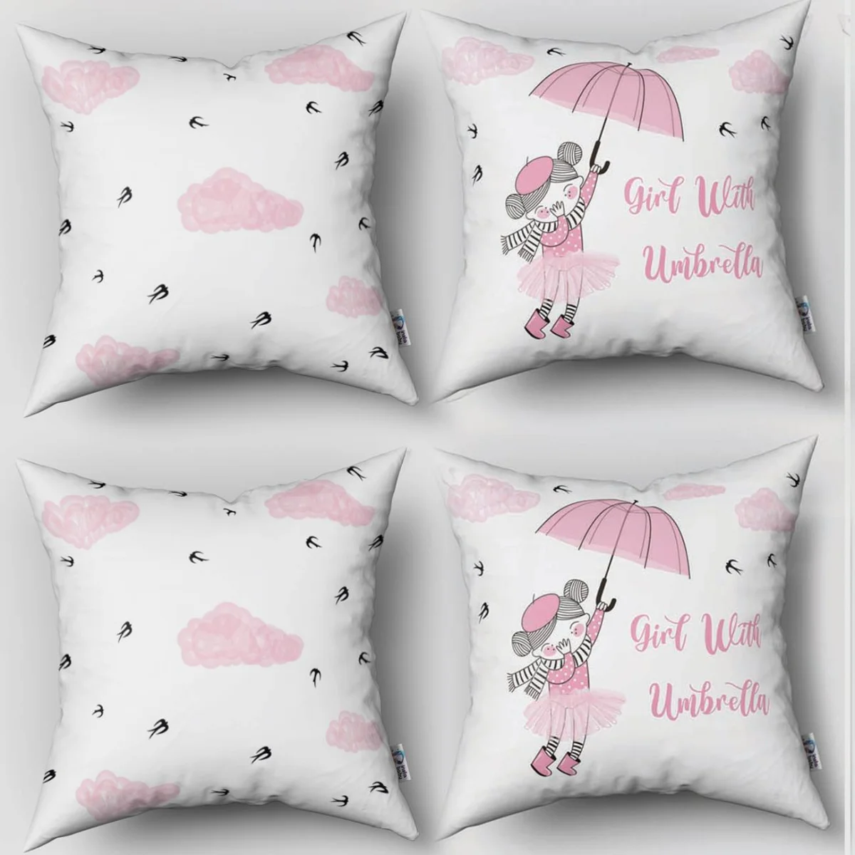 Şemsiyeli Kız 4lü Kırlent | Beyaz pembe bulutlar, uçan kuşlar Desenli