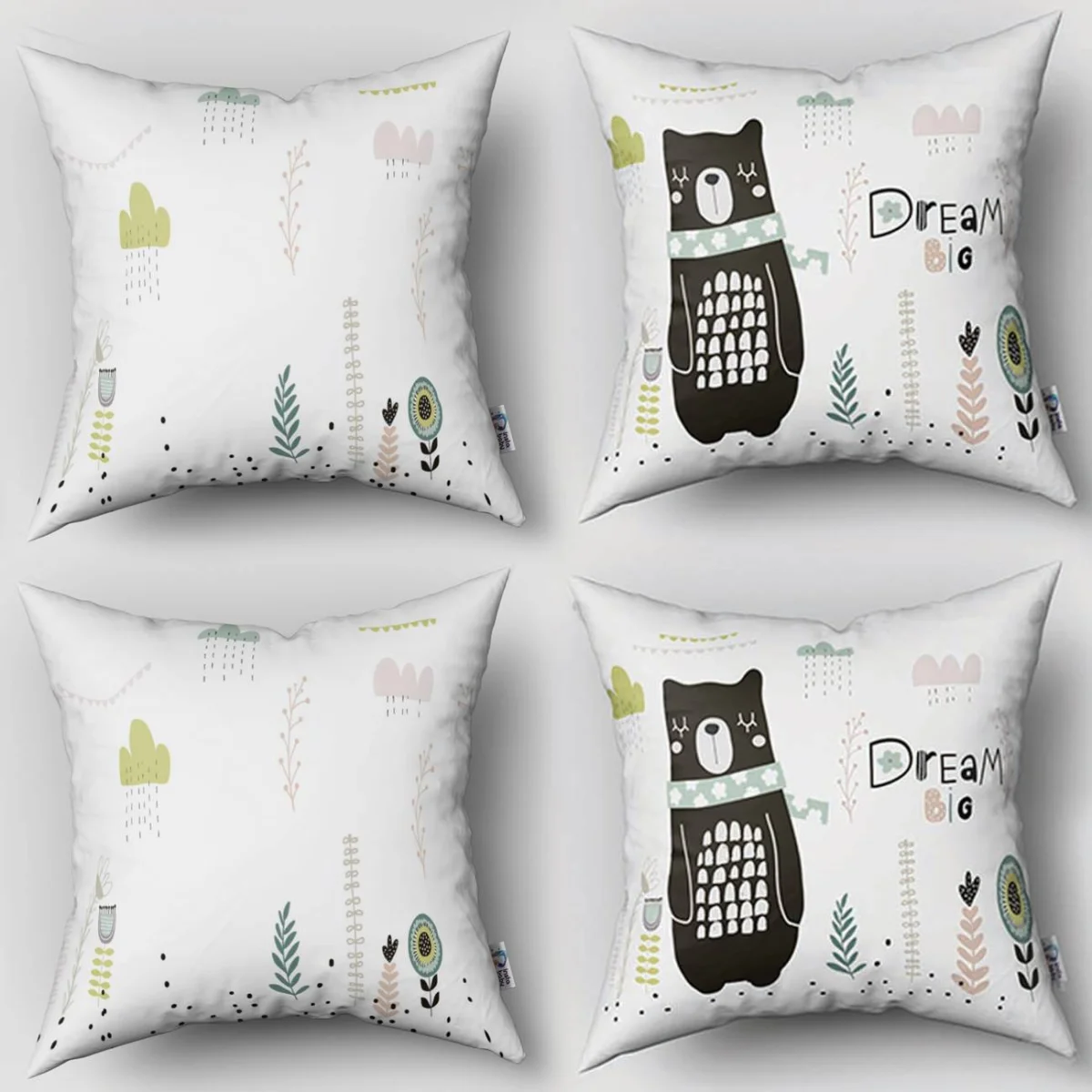 Ayı 4lü Kırlent | Beyaz Bulutlar, yapraklar Desenli