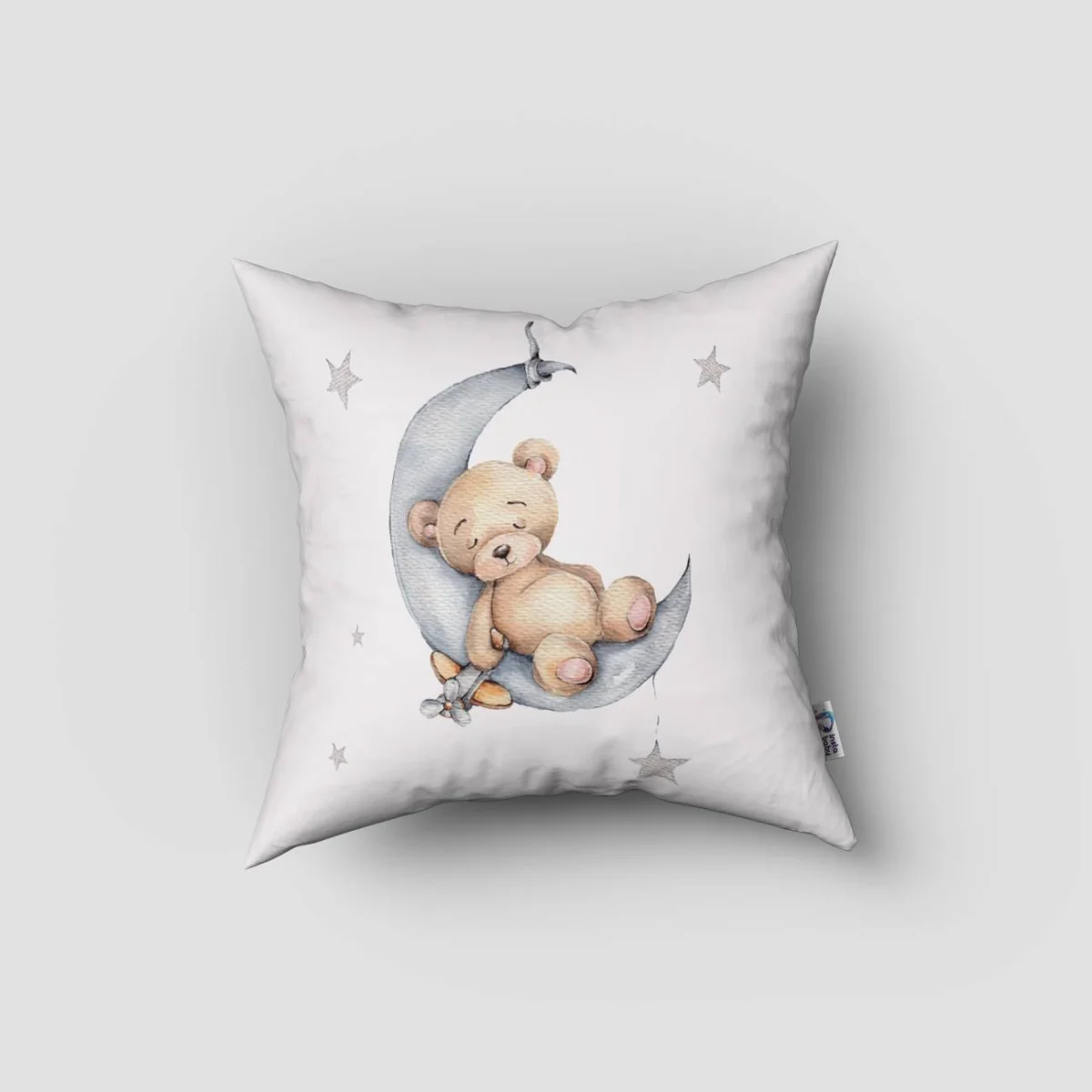 Uyuyan ayıcık ve ay Kırlent Kılıfı | Beyaz Yıldızlar, küçük uçak Desenli