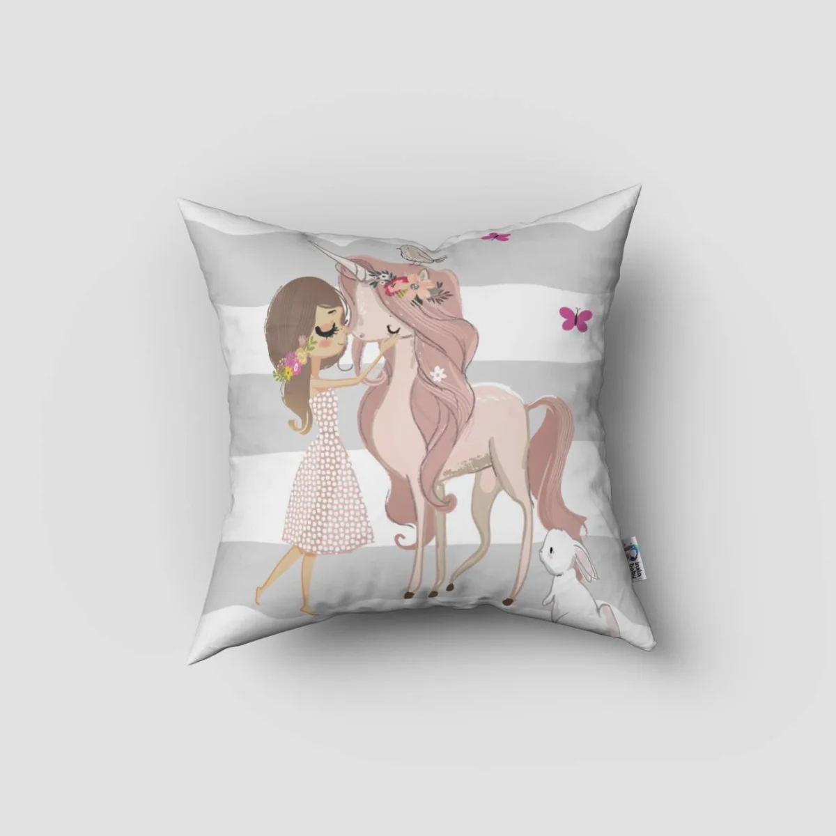 Unicorn Kırlent Kılıfı | Beyaz kız, kuş Desenli