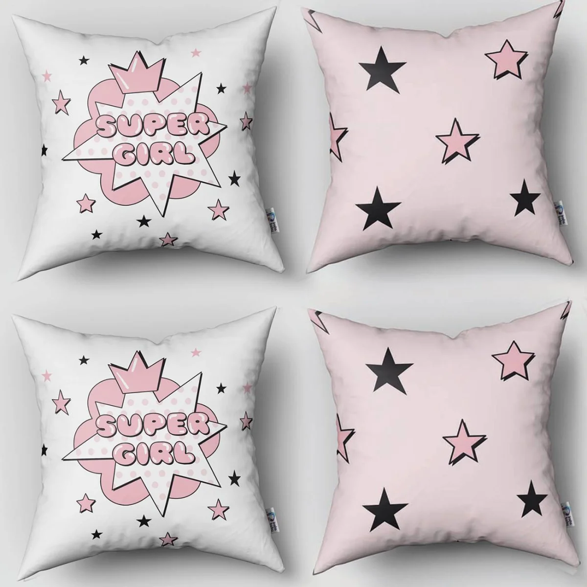 Süper Kız 4lü Kırlent | Beyaz şehir manzarası, bulutlar Desenli