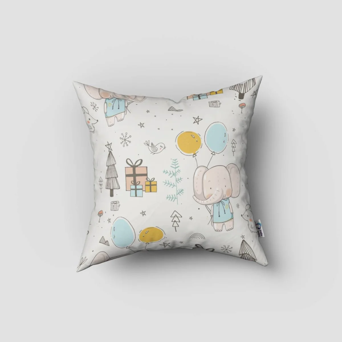 Fil, Orman Hayvanları Kırlent Kılıfı | Beyaz yıldız, balon Desenli