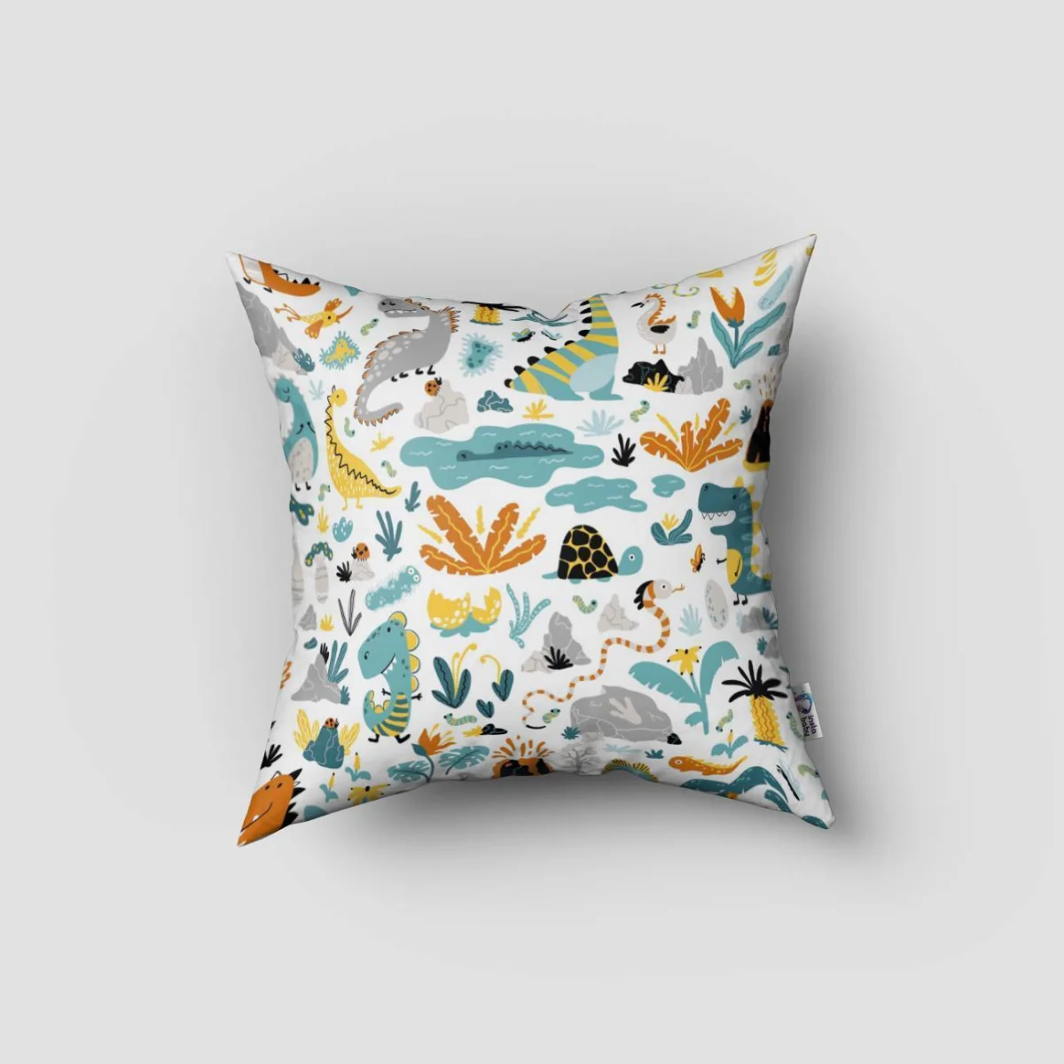 Dinozor Dünyası Kırlent Kılıfı | Beyaz Bulutlar, volkanlar Desenli