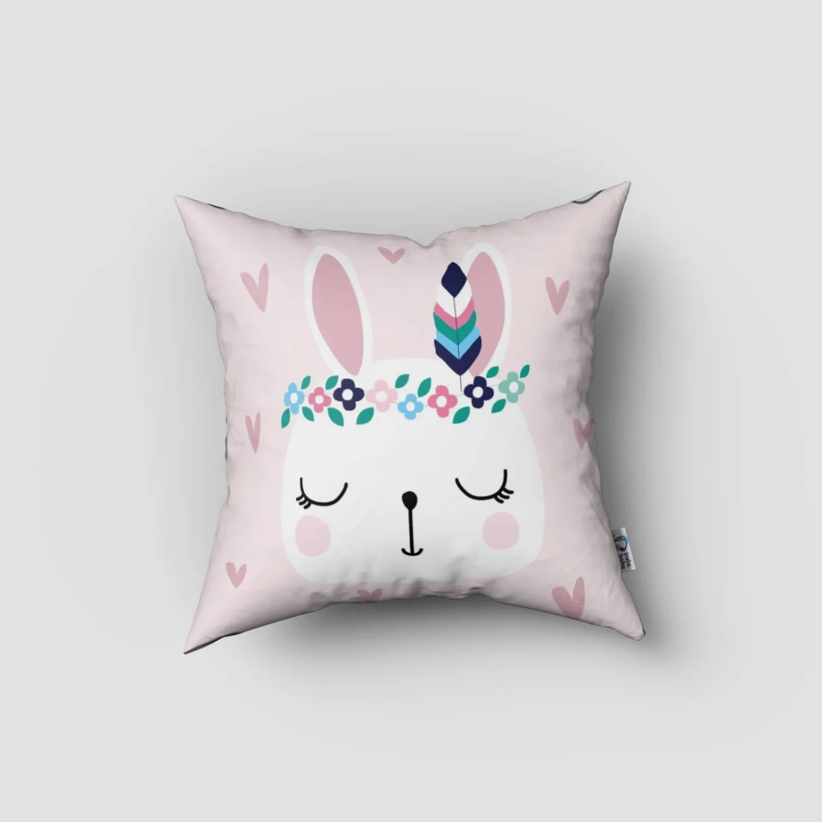 Tavşan Kırlent Kılıfı | Pembe Kalpler, çiçekler Desenli