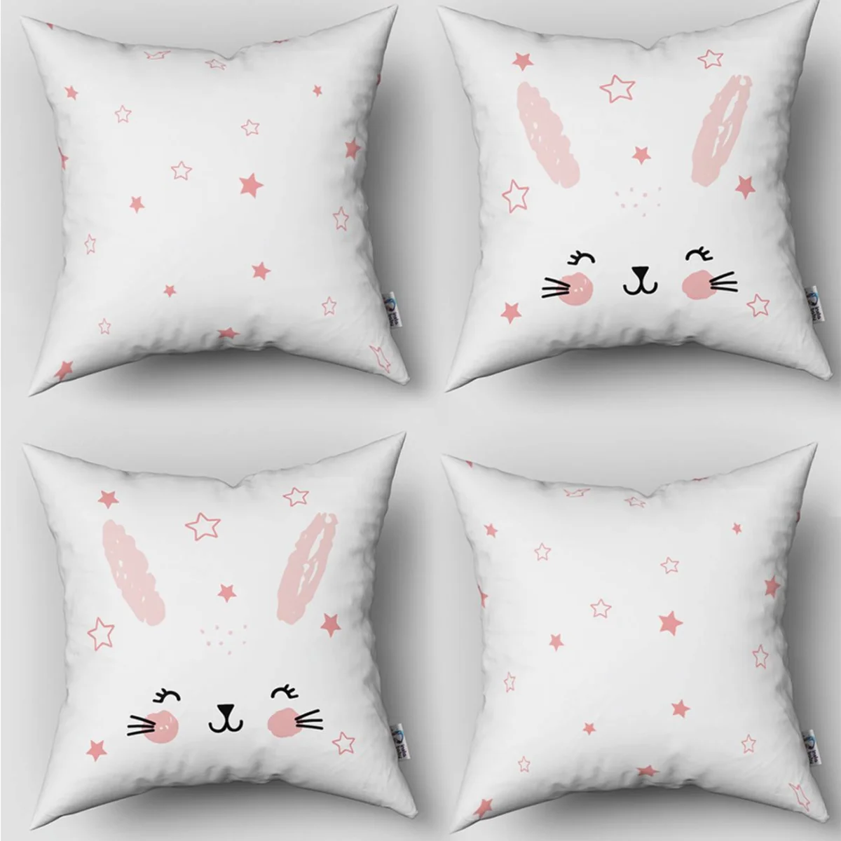 Tavşan 4lü Kırlent | Beyaz pembe ve çerçeveli yıldızlar Desenli