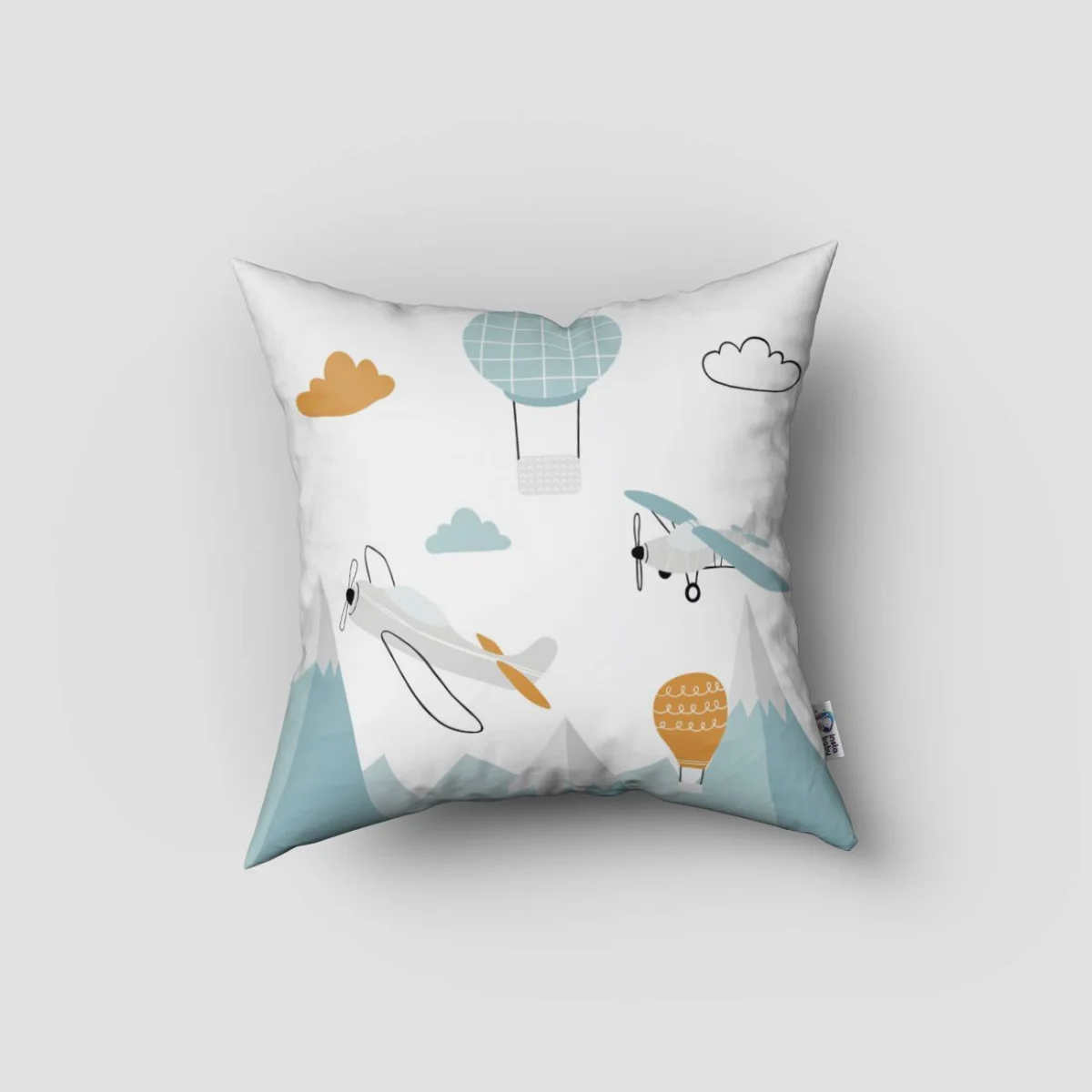 Uçaklar ve Balonlar Kırlent Kılıfı | Beyaz uçak, sıcak hava balonları Desenli