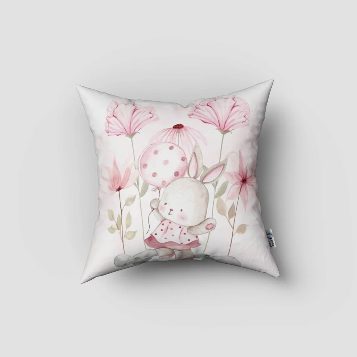 Tavşan ve Çiçekler Kırlent Kılıfı | Beyaz Kelebek, balon Desenli