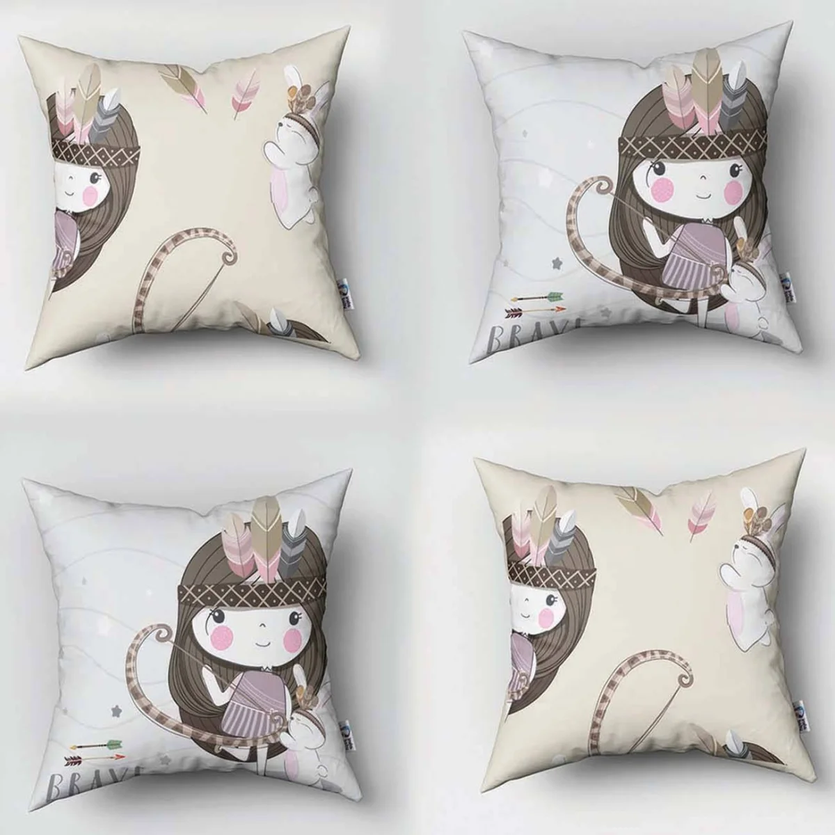 Yerli kız ve tavşan 4lü Kırlent | Beyaz yıldızlar, dalgalı çizgiler Desenli