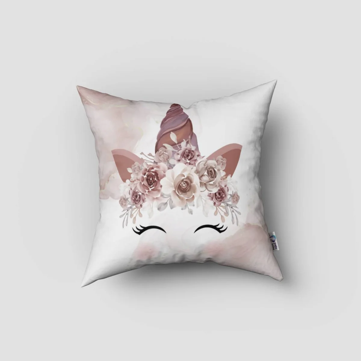 Unicorn Kırlent Kılıfı | Beyaz çiçekli taç, kapalı gözler Desenli