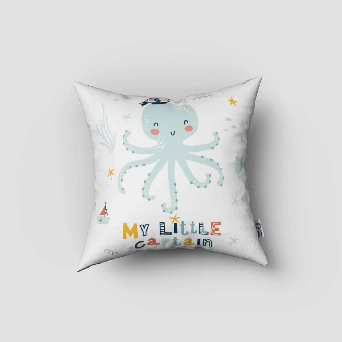 Ahtapot Kırlent Kılıfı | Beyaz yelkenli, deniz yıldızı Desenli