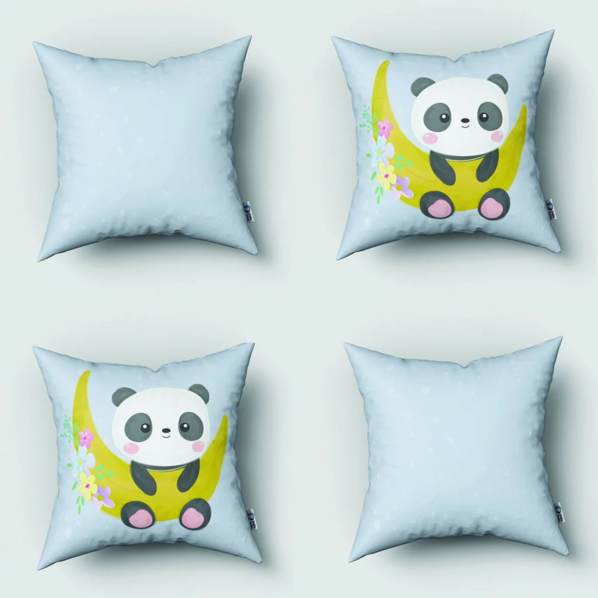 Panda, Ay 4lü Kırlent | Mavi yıldız, çiçekler Desenli