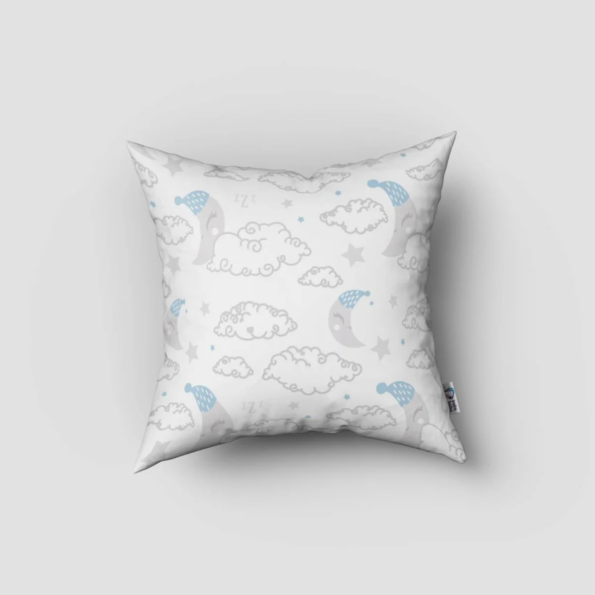 Uyku Temalı Ay ve Bulutlar Kırlent Kılıfı | Beyaz uyuyan ay, bulutlar Desenli