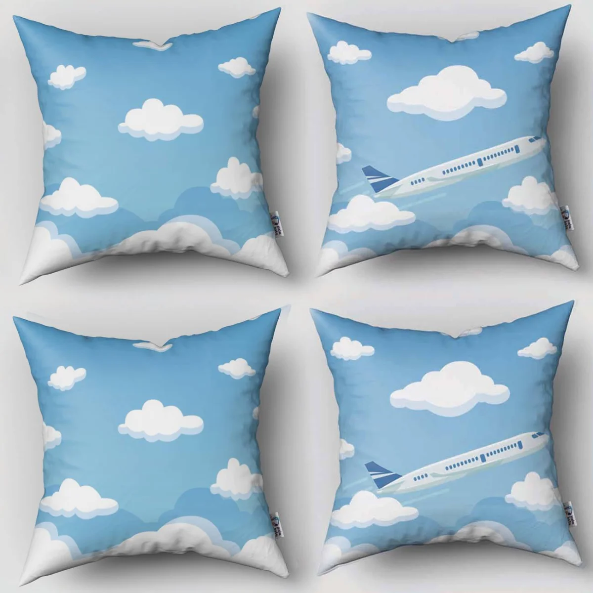 Uçak 4lü Kırlent | Mavi Bulutlar Desenli