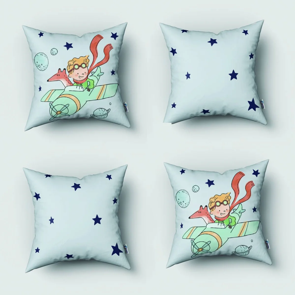 Uzay, Küçük Prens ve tilki 4lü Kırlent | Mavi yıldızlar, gezegenler Desenli