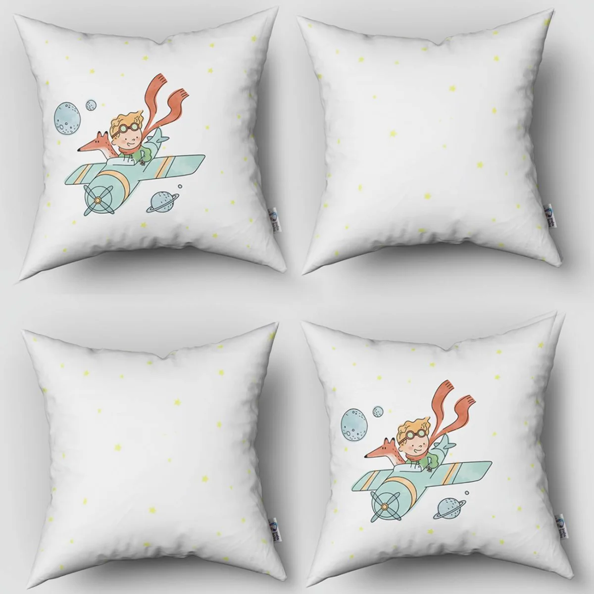 Küçük Prens, Uzay 4lü Kırlent | Beyaz yıldızlar, gezegenler Desenli