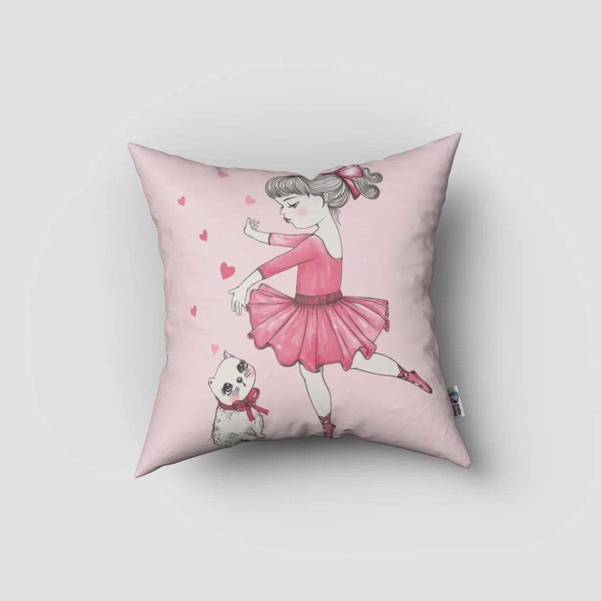 Balerin ve Kedi Kırlent Kılıfı | Pembe kalpler Desenli