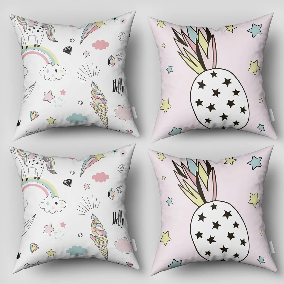 Unicorn 4lü Kırlent | Beyaz yıldız, bulut Desenli