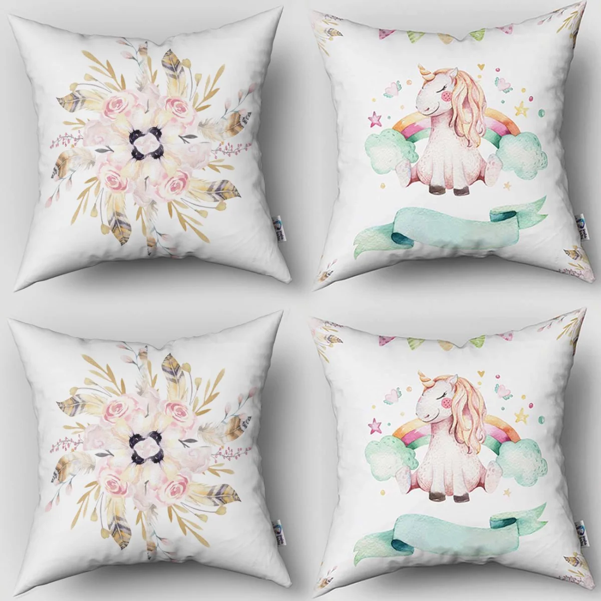 Unicorn 4lü Kırlent | Beyaz balon, yıldız Desenli