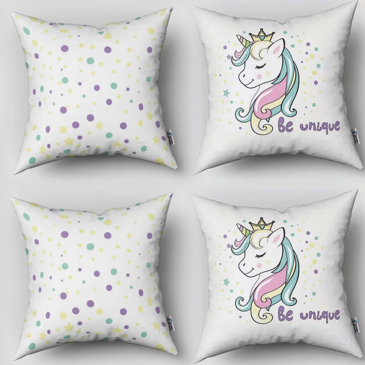Unicorn 4lü Kırlent | Beyaz yıldızlar, renkli puantiyeler Desenli