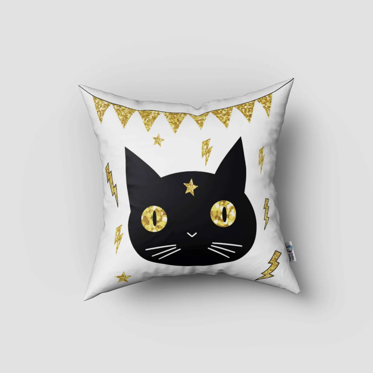 Perili kız ve kedi Kırlent Kılıfı | Beyaz Yıldızlar, parıltılar Desenli