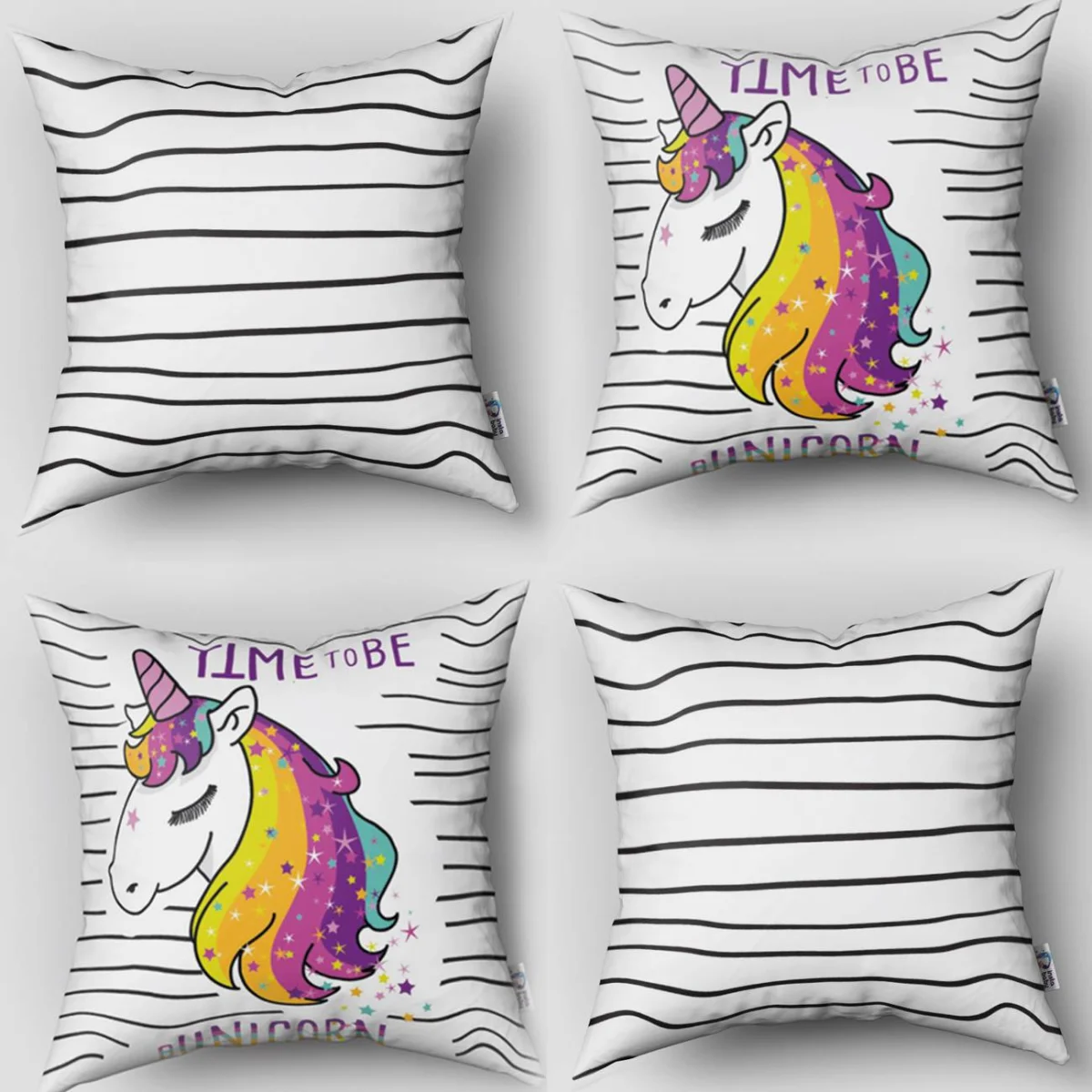 Unicorn 4lü Kırlent | Beyaz Yatay çizgiler, yıldızlar Desenli