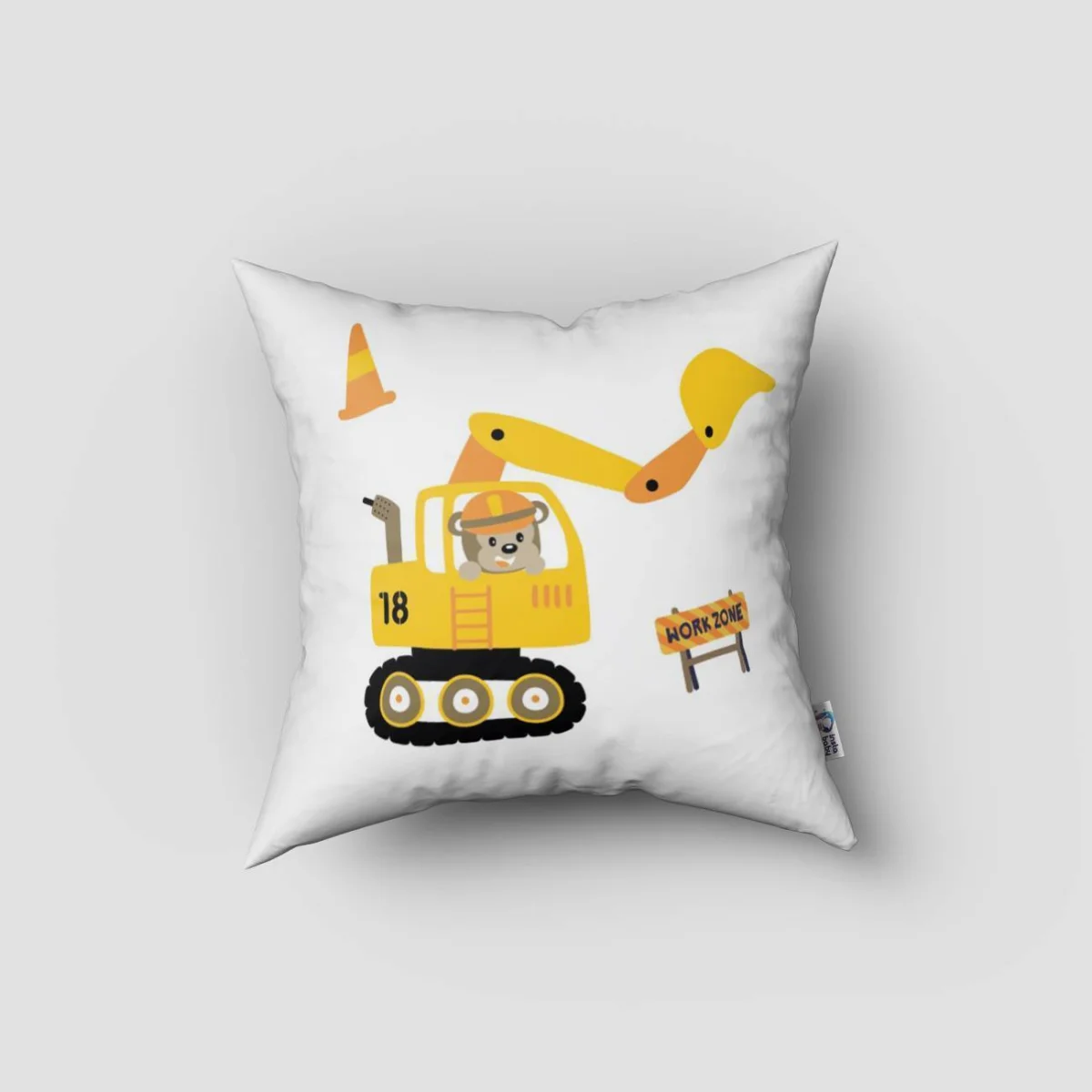 İş Makineleri ve Şantiye Hayvanları Kırlent Kılıfı | Beyaz iş makineleri, sevimli hayvanlar Desenli