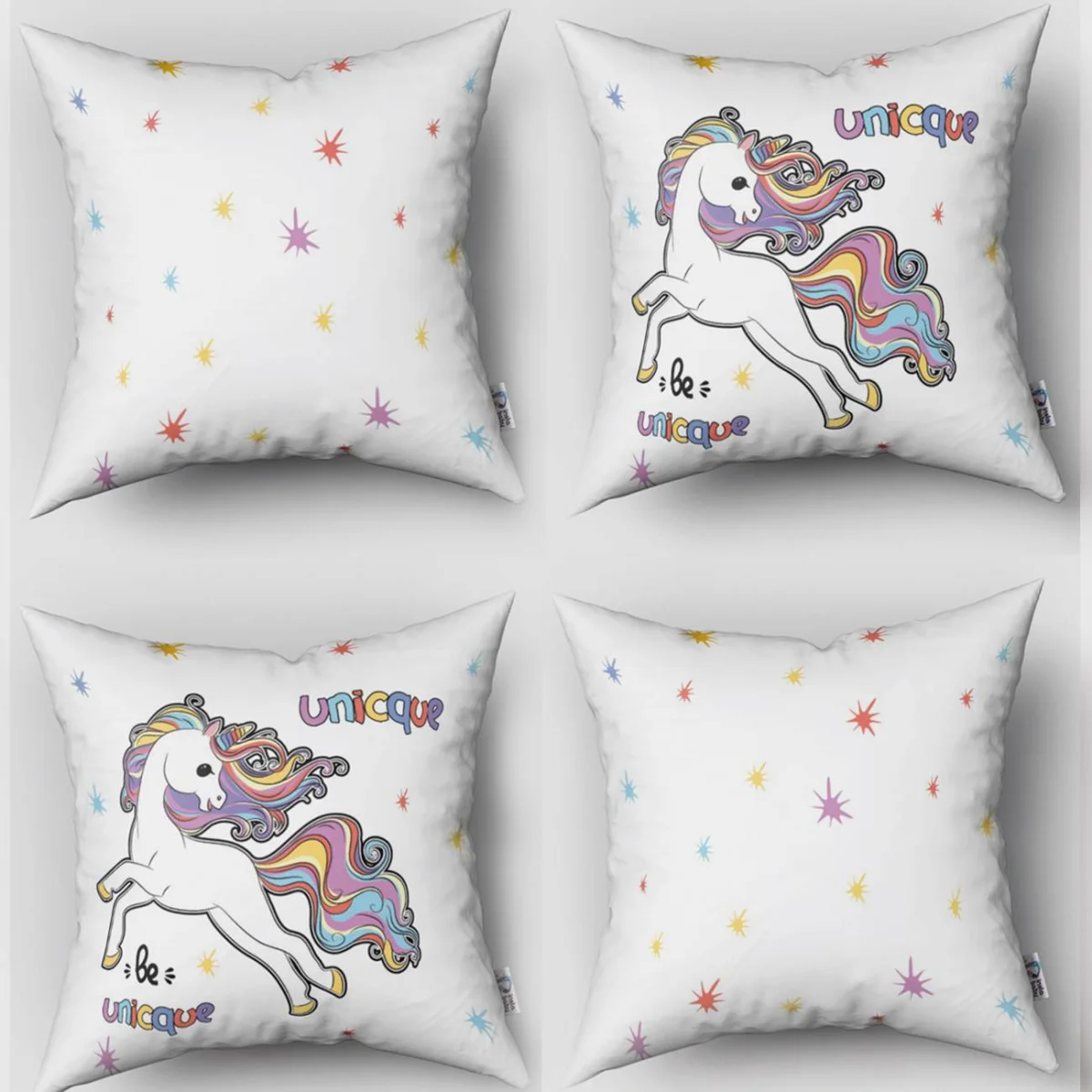 Unicorn 4lü Kırlent | Beyaz yıldızlar, gökkuşağı Desenli